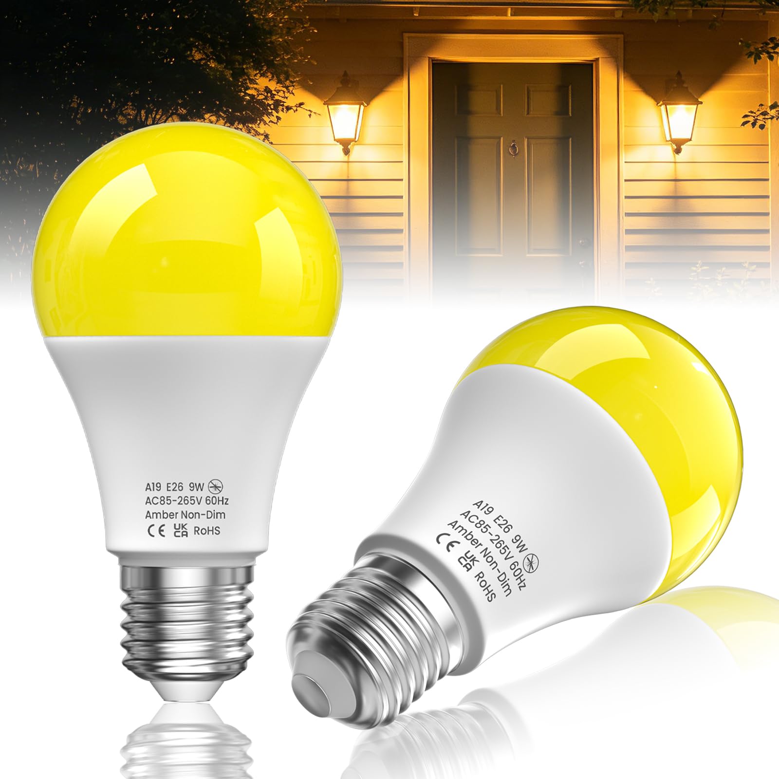 Lustaled LED E27 Amber Bulb, 2000K Warm Yellow Light Bulb, 9W Large Screw in Light Bulb Energy Saving, Blue Light Blocking for Porch, Hallway, Bedroom, Patio, Garden, Non-Dimmable 2 Pack