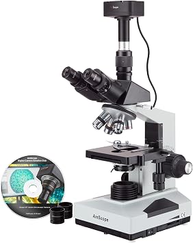 AmScope T490B-5MT Digital Compound Trinocular Microscope, WF10x and WF20x Eyepieces, 40X-2000X Magnification, Brightfield, Halogen Illumination, Abbe Condenser, Double-Layer Mechanical Stage, Sliding Head, High-Resolution Optics, Includes 5MP Camera with Reduction Lens and Software