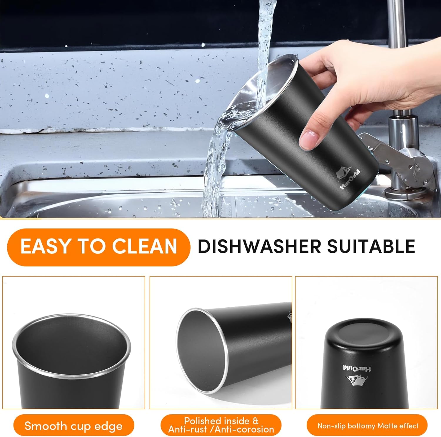 4 Pack Stainless Steel Cups 16oz -Black Stackable Metal Drinking Glasses for Camping, Travel, Shatterproof Tumblers - Image 3