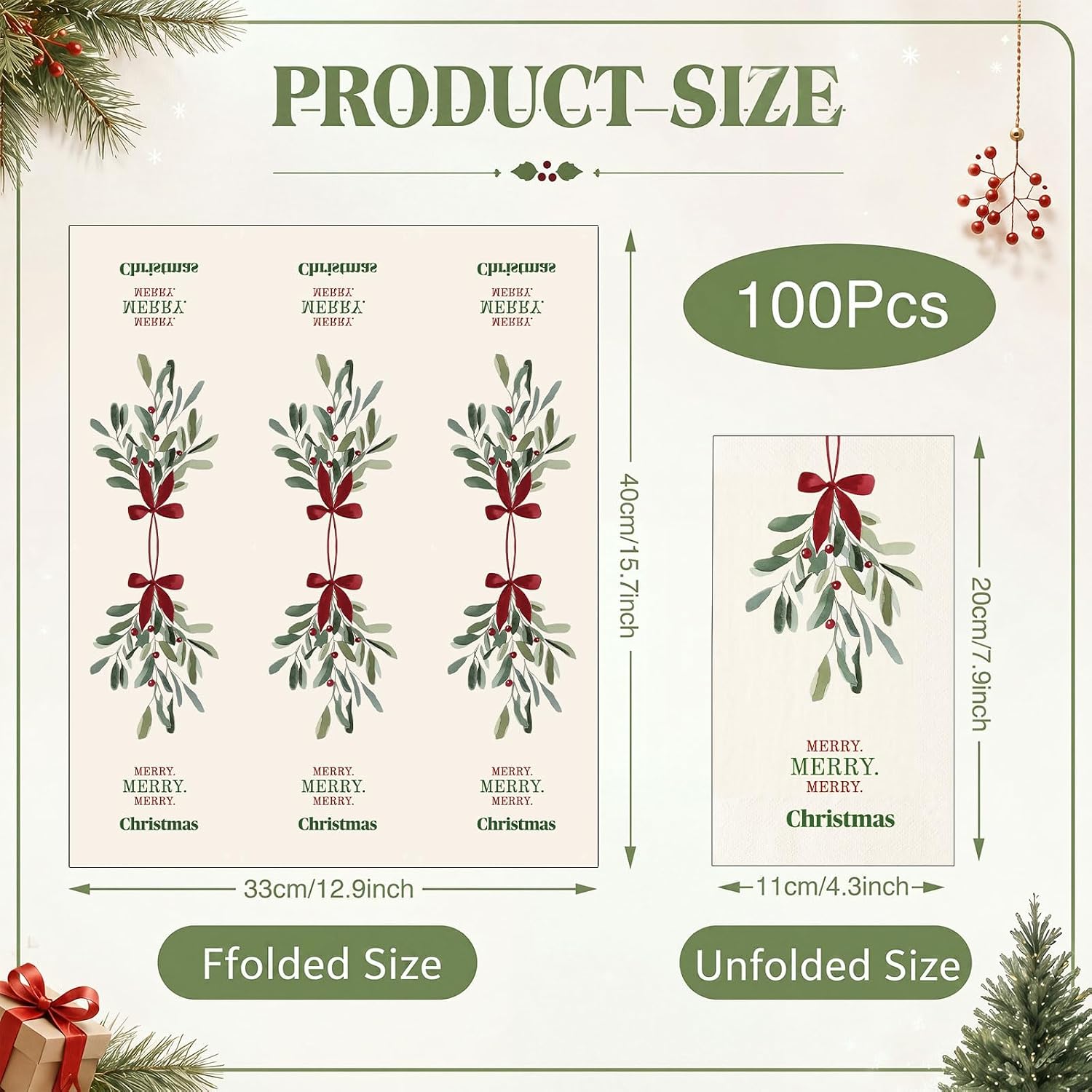 Gueevin 100 Pcs Christmas Paper Napkins, Dinner Napkins, Mistletoe image 2
