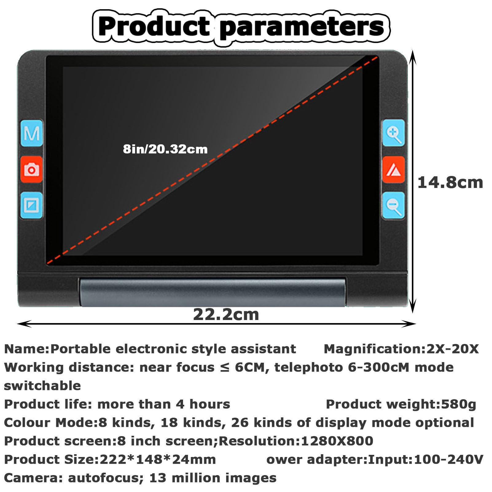 Lupa Digital portátil, Ayuda de Lectura electrónica, Pantalla táctil de 8 Pulgadas 1280x800 con Mango Plegable para visión Baja, Enfoque automático de Lentes de cámara lejos y cercano,White
