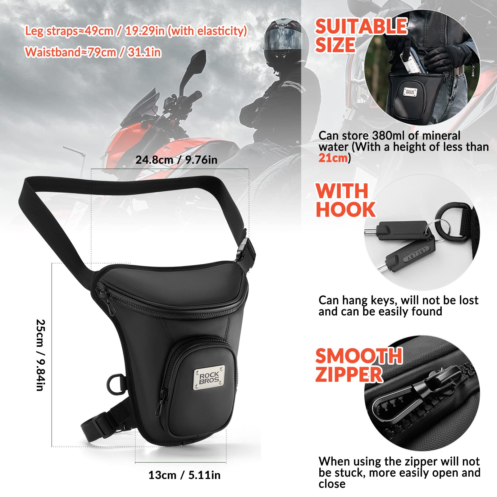 ROCKBROS Bumbag Motorcycle Waist Bag for Men Woman Adjustable Fanny Pack with 2 Zipper Pockets Cycling Leg Bag with Removable Elastic Thigh Belt for Travel Hiking - Image 2