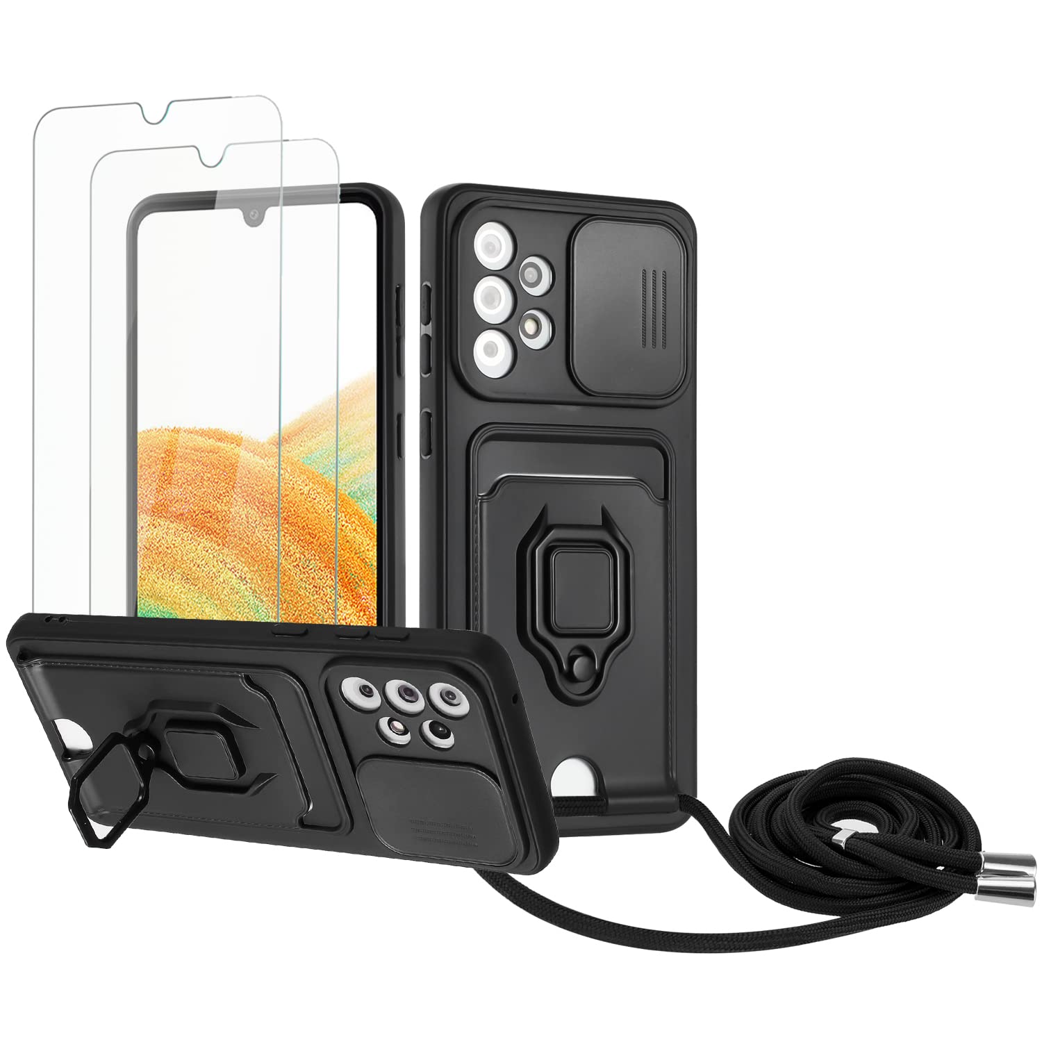 Zallagre Funda con Cuerda Compatible con Redmi Note 13 Pro 5G,[2 Packs Cristal Templado],Ranura para Tarjetas,Cubierta de Cámara Deslizante Proteger,360 Anillo Soporte-Morado — view 39