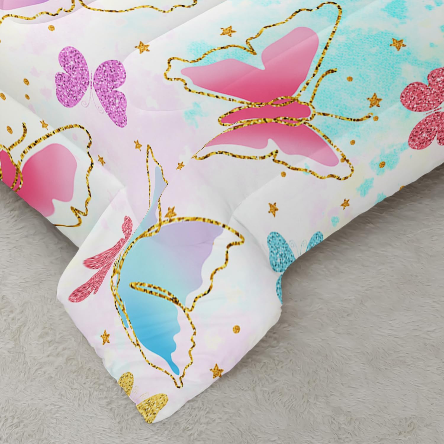 Colorful Butterfly Comforter 3Pcs Queen Tie Dye Sparkling Butterfly Animal Bedding Set for Kid Teen Girl Boy Adult Bed Decor Golden Star Butterfly Quilt with 1 Comforter and 2 Pillowcases