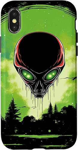 Vista 7 de iPhone 14 Pro Max Cute Green Alien Head UFO Space Face Alien Case