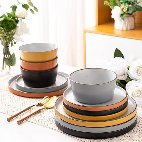 Miniatura 3 de AmorArc Juego de 4 platos y cuencos de cerámica modernos de cerámica, resistentes a las astillas y grietas, aptos para lavavajillas y microondas,