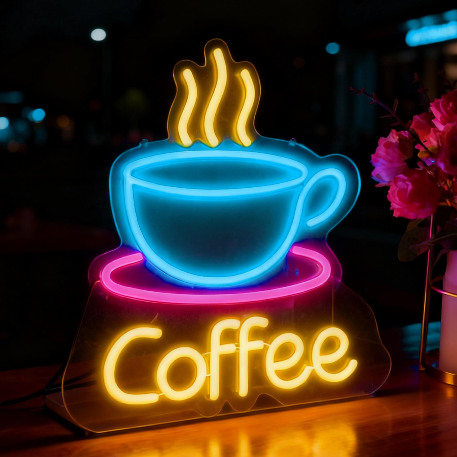 Coffee Neon Sign, reklama reklamowa LED, do kawy, neonowy szyld z przyciemnianym włącznikiem i łańcuchem wiszącym, zasilanie USB, do kawiarni, baru, salonu, dekoracja