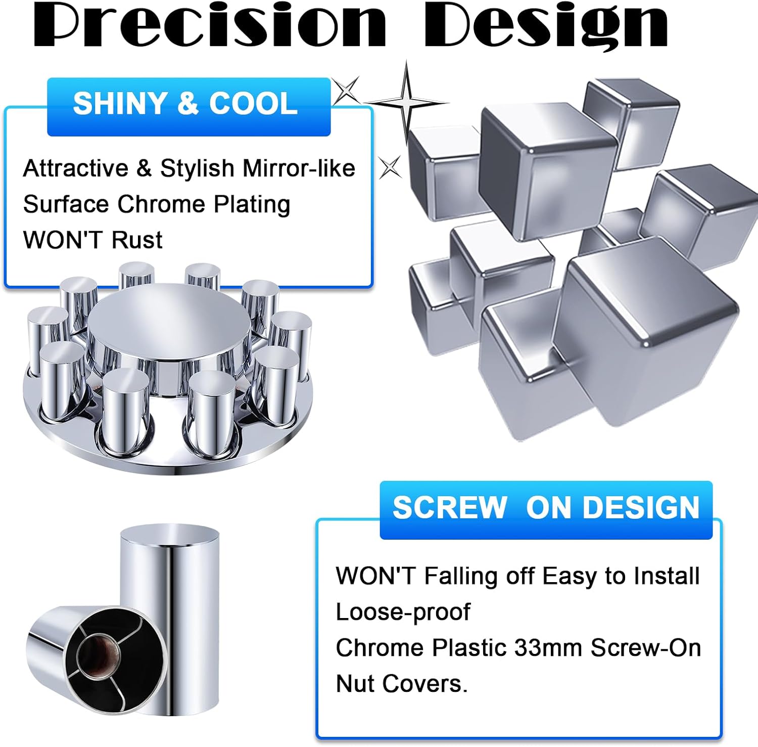 Hishine ABS Plastic Chromed Hubcaps Front Wheel Axle Cover Set with 33mm Thread-On Lug Nut Covers for Semi Trucks Flat Top