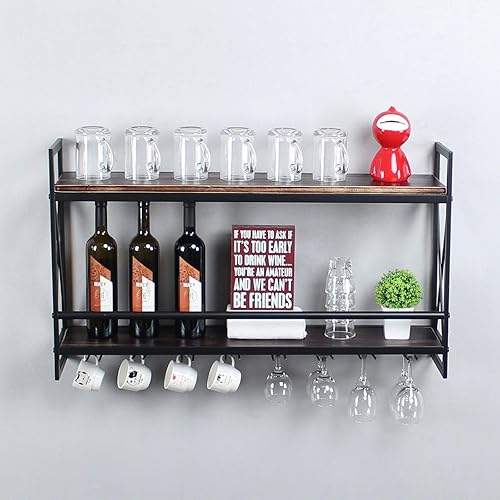 Miniatura 5 de MBQQ Estantes de vino rústicos montados en la pared con soporte de vidrio de 8 vástagos, estante de vino industrial de metal colgante de 36