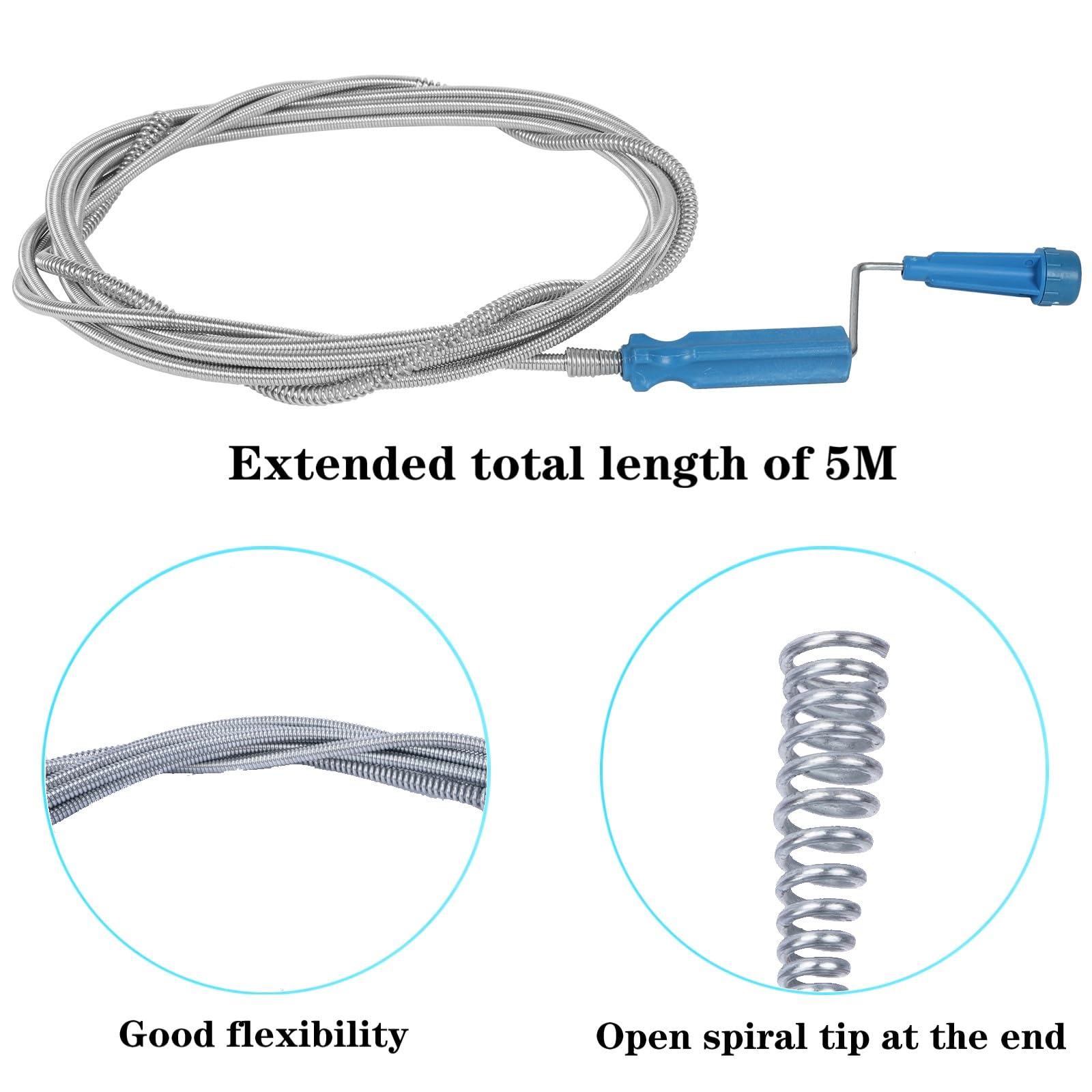 Minnhua Drain Unblocker Wire Tools 5M x 5mm Drain Snake Sink Unblocker Tool Flexible Drain Auger Spring Plumbing Snake Drain Hair Remover for Kitchen Sink Washbasins Toilet Tub Shower Basins - Image 3