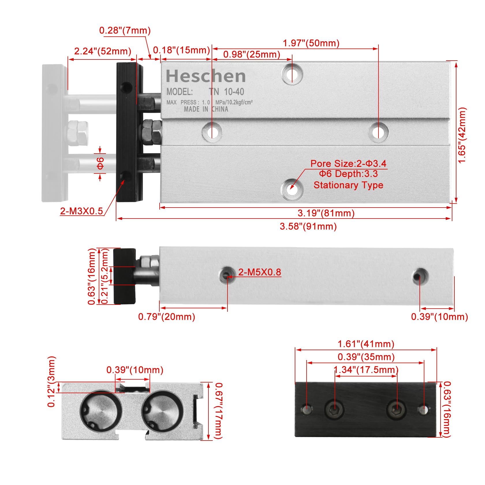 Heschen Cilindro neumático de doble acción TN10-10, orificio 10 mm, aluminio, doble varilla, con imán, carrera 40 mm