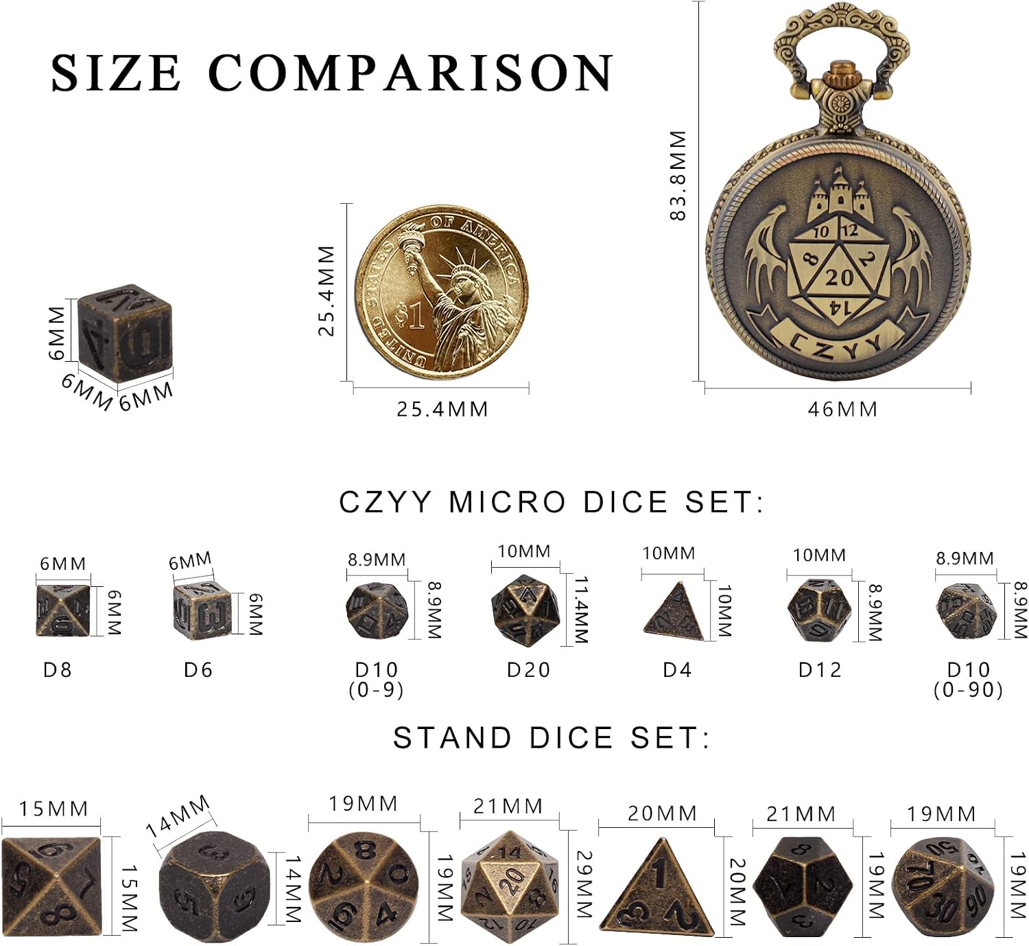 DND 6mm Micro Polyhedral Dice Set with Pocket Watch Shell Case Perfect for Dungeons and Dragons, Tabletop RPG and Cards Board Games (Bronze)