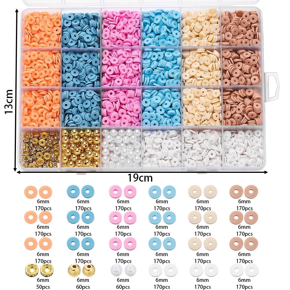 Abalorios Para Hacer Pulseras Juego de 24 rejillas cuentas arcilla 6mm for hacer pulseras, Kit fabricación DIY con espaciador colorida(Set 04)