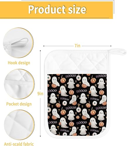 Miniatura 3 de Halloween 4Pcs Pot Holders for Kitchen, Non Slip & Heat Insulation Terry Cloth Potholder Set with Pocket, Thick Hot Pad Oven Mitts Trivet Coaster