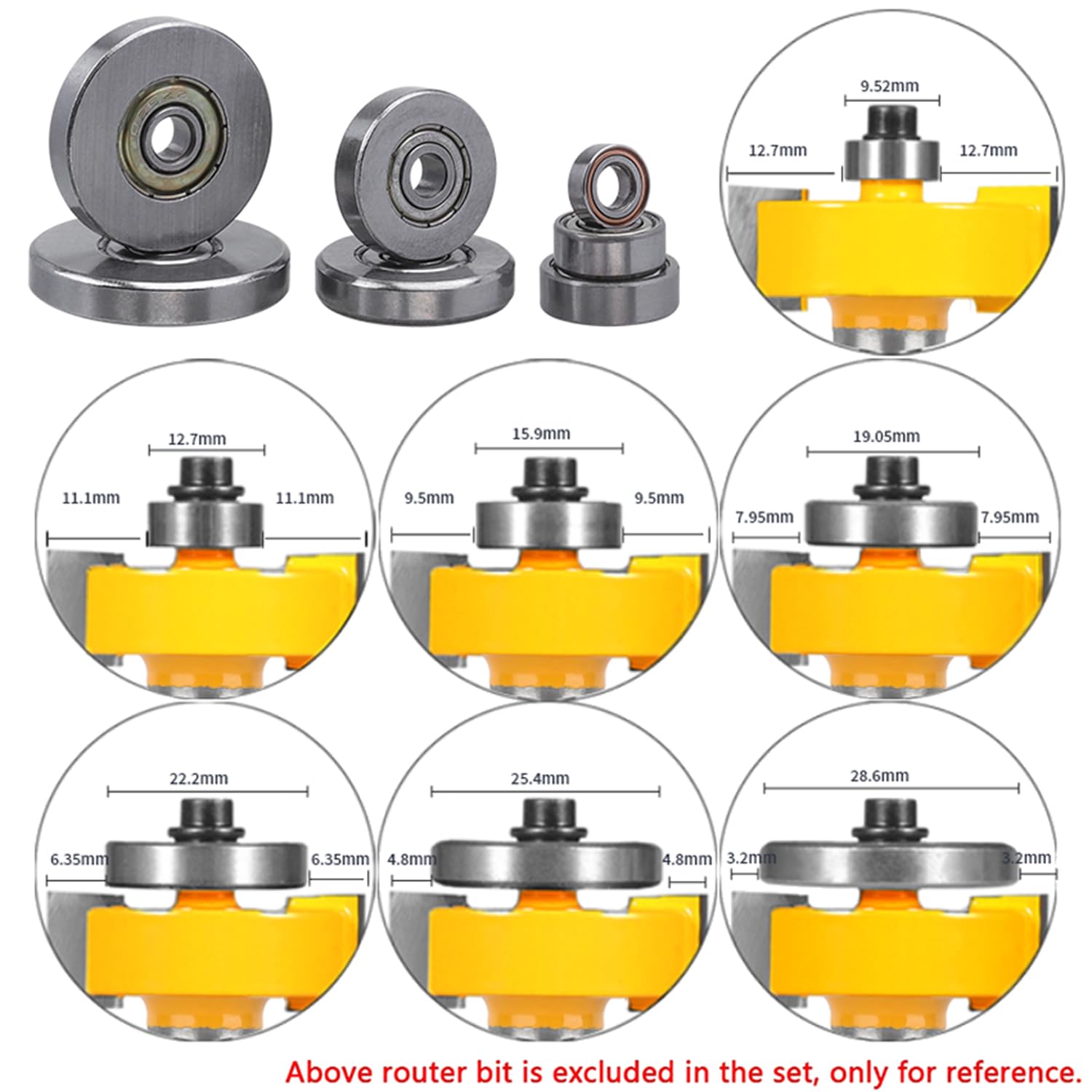 Yakamoz 7PCS Multi-Rabbet Top Mounted Bearings Replacement Kit Rabbeting Router Bit Ball Bearing Guide Set Inner Dia 3 16 Overall Dia 3 8 1 2 5 8 3 4 7 8 1 1 1 8