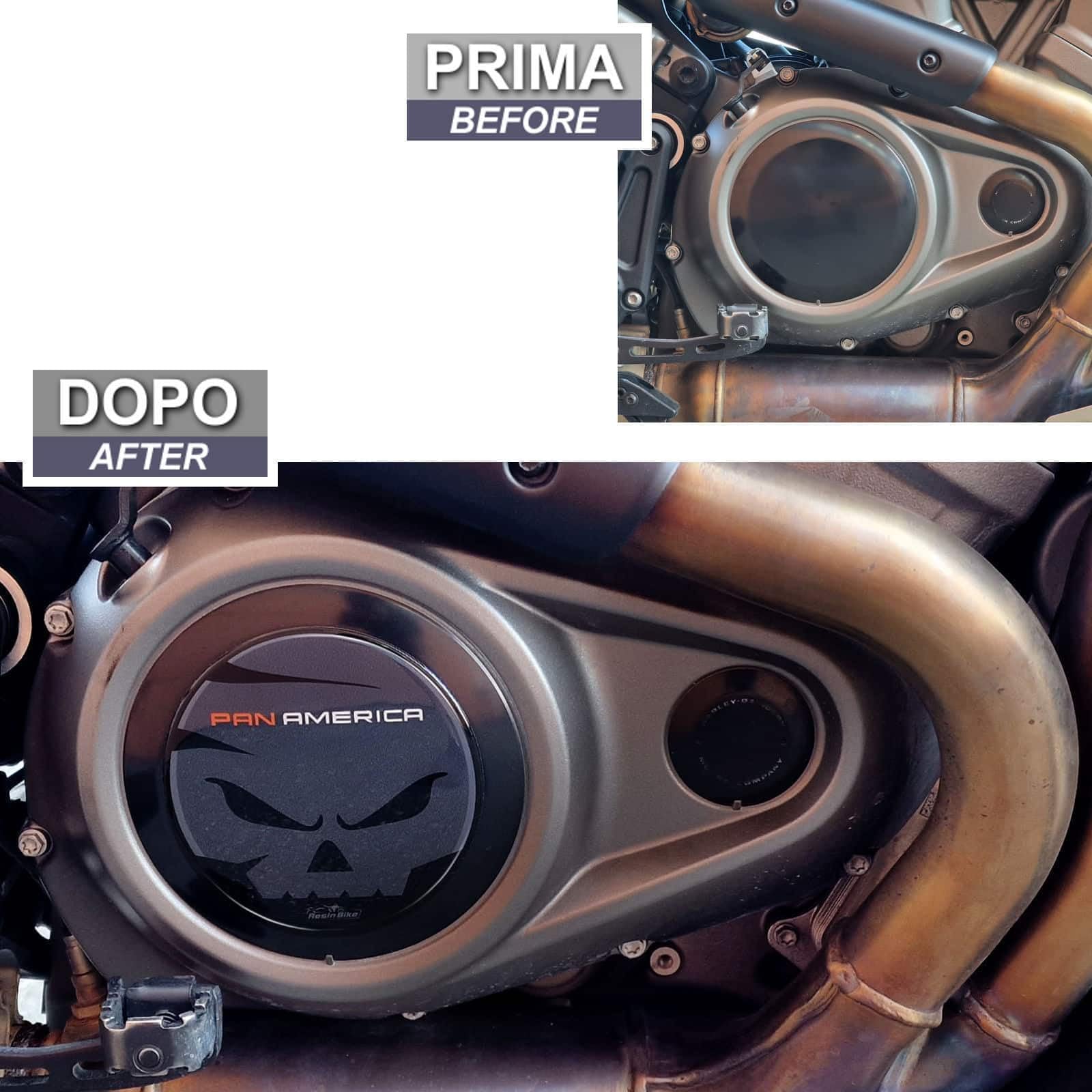 Resin Bike Naklejki Moto kompatybilne z Harley Davidson Pan America 1250 2020-2026. Chronią Obszar skrzyni korbowej wariatora przed uderzeniami i zadrapaniami. Naklejki żywiczne z efektem 3D