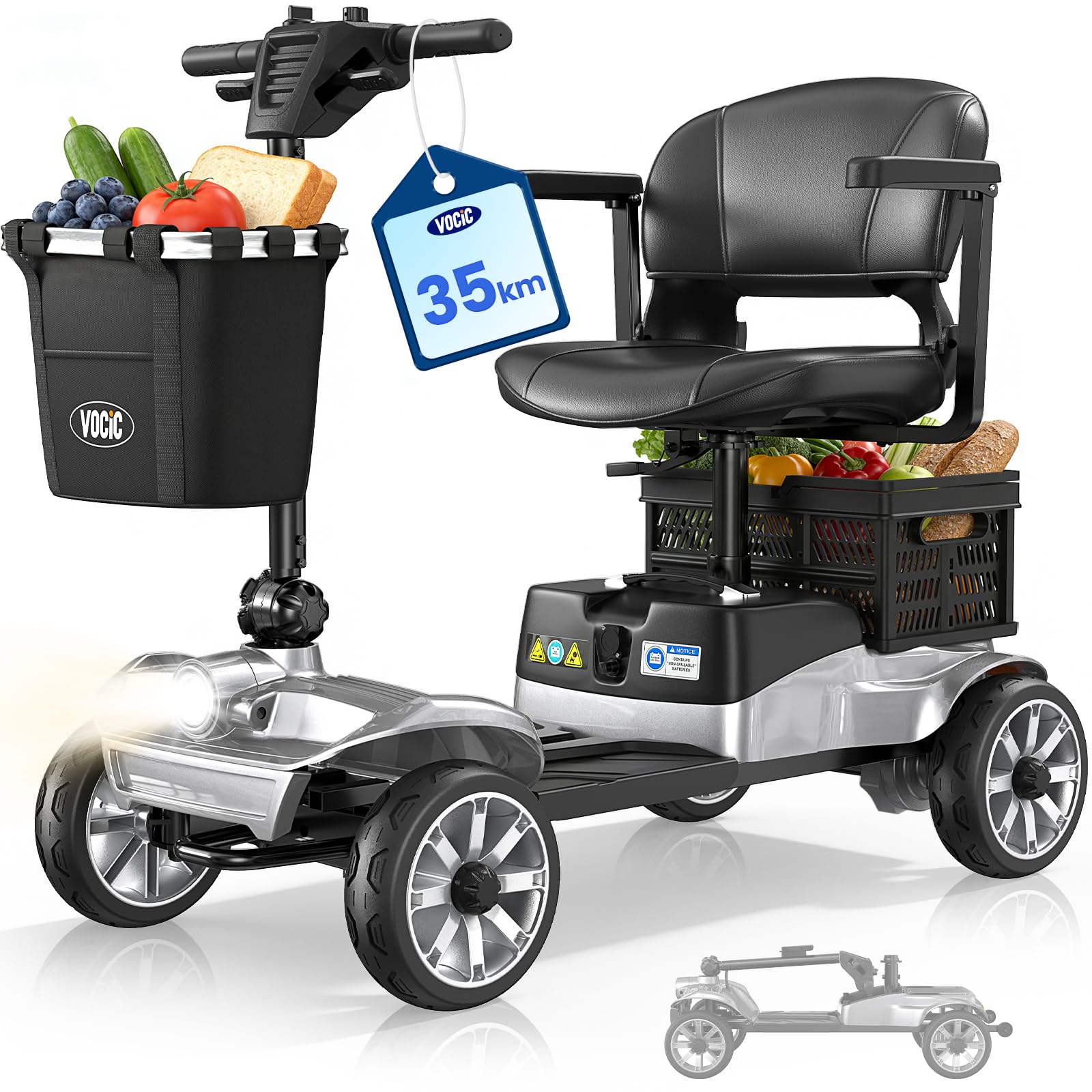 VOCIC D35 Scooter eléctrico Plegable 35km, Doble Cesta 40L, Capacidad 136kg | ruedas de 20 cm, asiento ergonómico ajustable, batería extraíble, ideal para personas mayores (Gris Plateado)