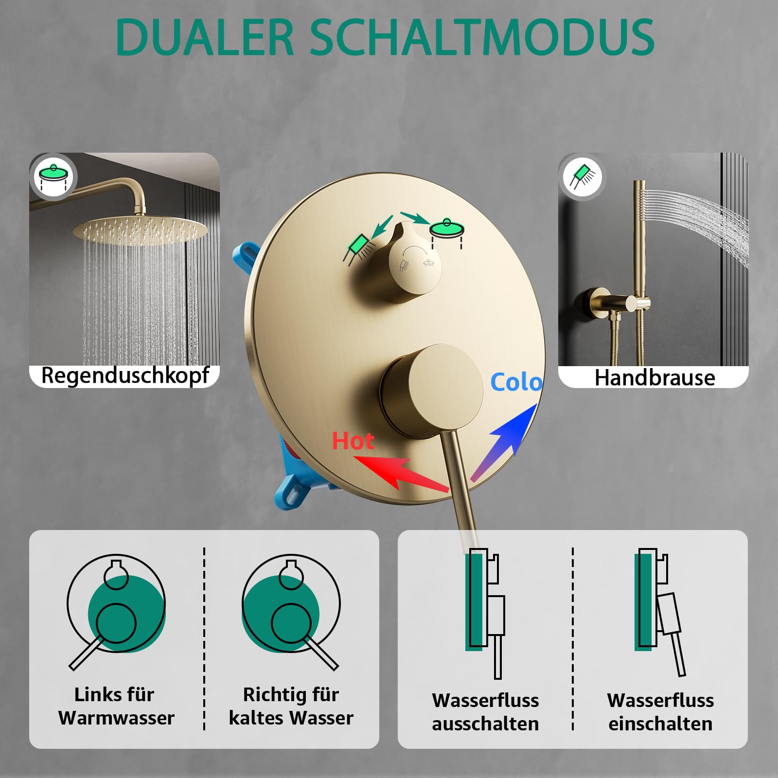 Duschsystem Unterputz Gold Gebürste, Unterputz Duscharmatur Set Messing