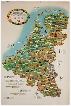 AUHUE Benelux Tourist Map of Belgium, Holland, And Luxemburg Original Travel Poster 1950s Canvas Poster Living Room Printing Landscape Decoration Painting Office Room Decor Unframe 12x18inch