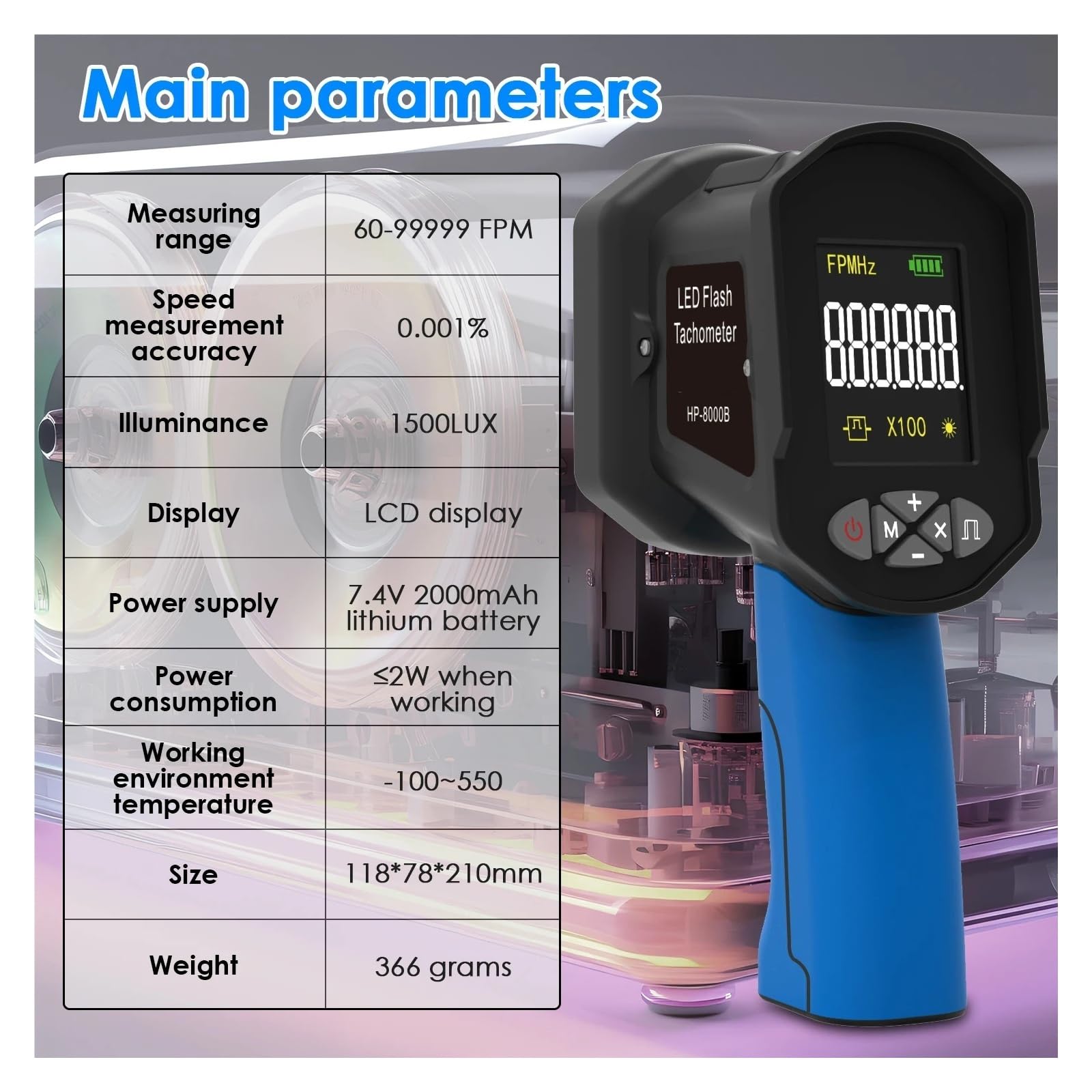 Estroboscopio digital de mano 0.001% Tacómetro con flash LED recargable Tacómetro estroboscópico sin contacto Para motores, tornos.