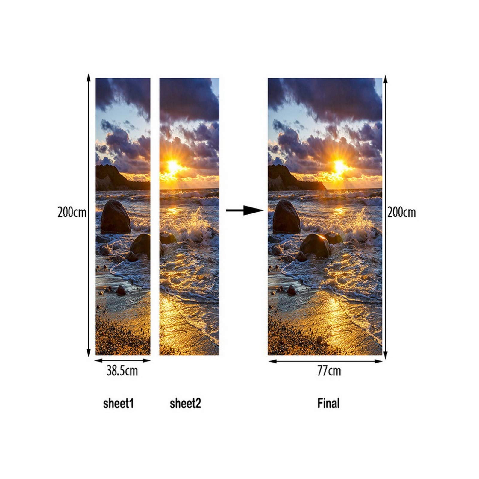 Sticker Mural Porte A.Monamour 3D - Océan, Vagues, Coucher De Soleil - 77x200 Cm - Vinyle Amovible, Imperméable