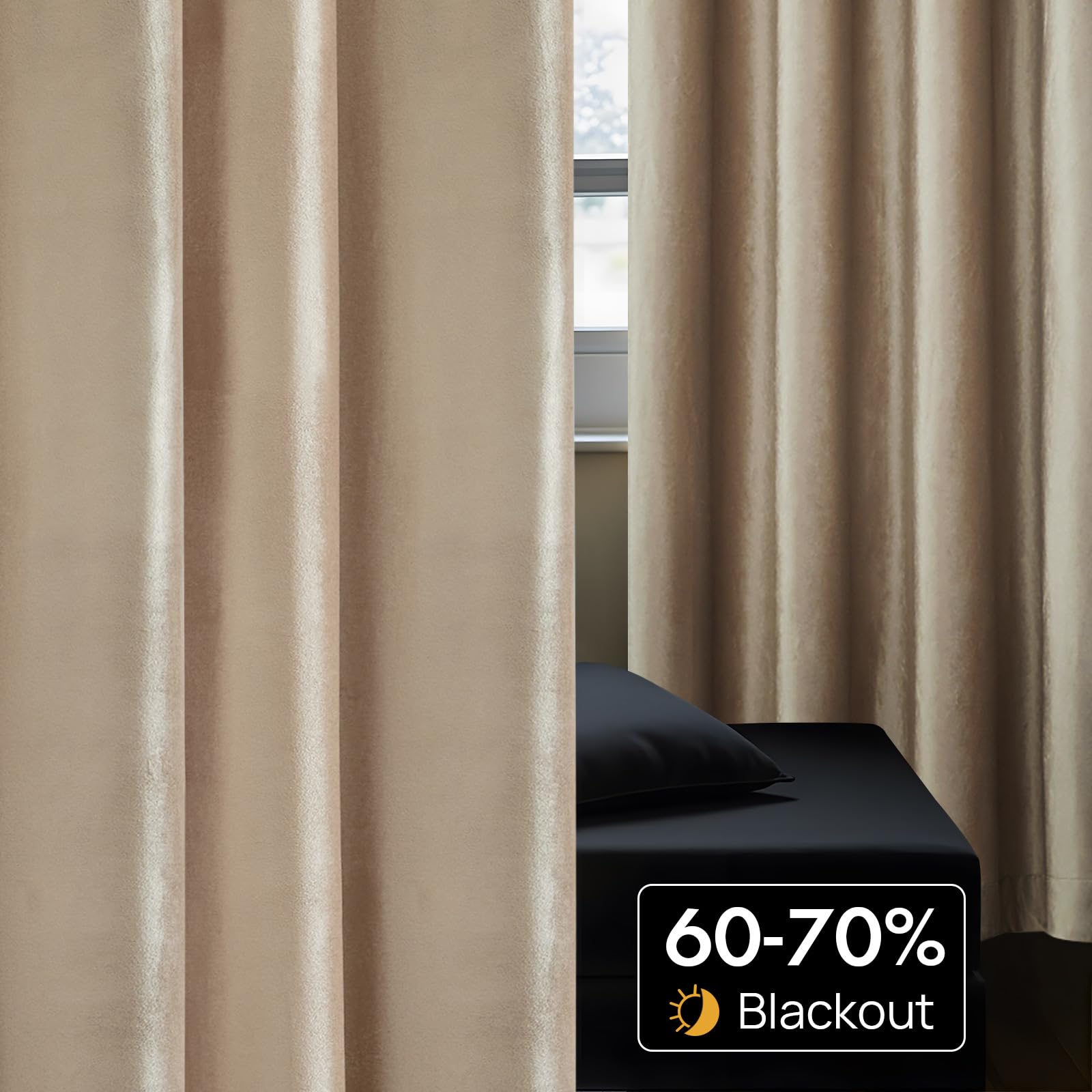 BULBUL Champagne Velvet Curtains 84 Inch Length, 2 Panels Blackout Window Drapes for Living Room and Bedroom - Image 4