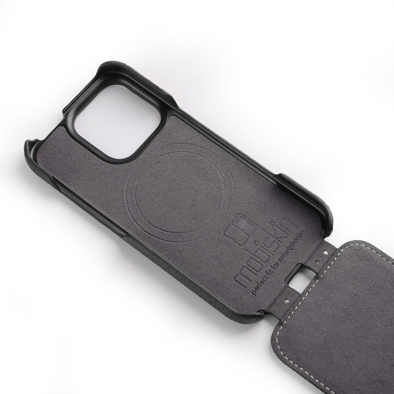 Funda con tapa para iPhone 16 PRO (6,3 pulgadas), color negro | Funda para teléfono móvil con revestimiento de piel, funda compatible con MagSafe, funda fina, plegable verticalmente