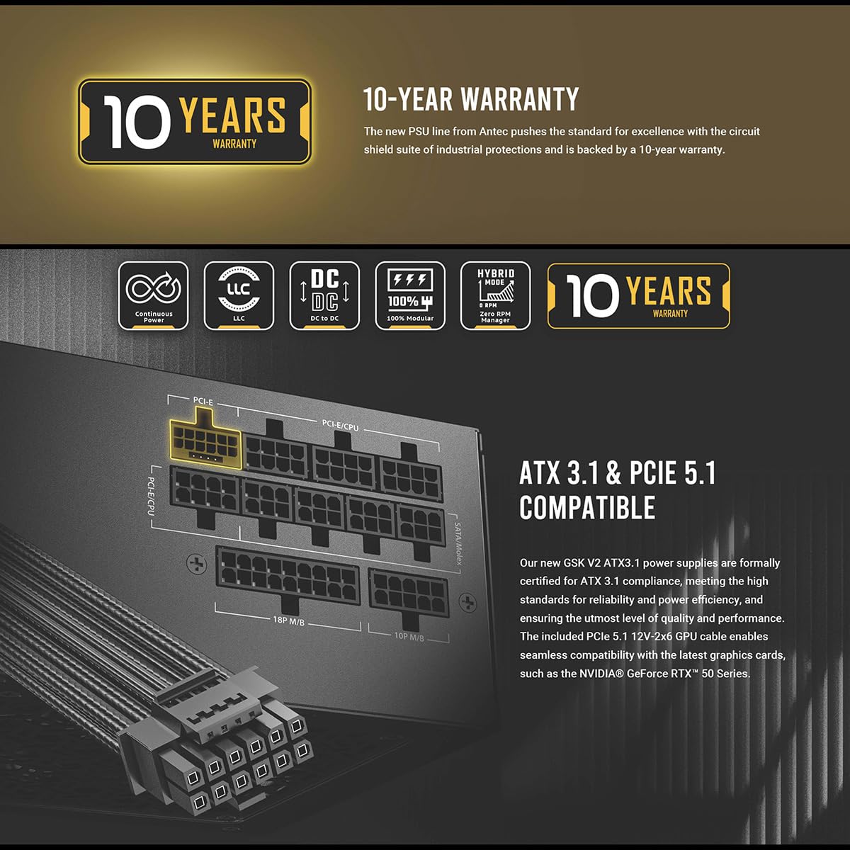 ANTEC 電源ユニット GSK750 V2 ATX3.1 出力750W ブラック 80PLUS GOLD 認証取得 高効率・高耐久 フルモジュラー式 電源ユニット Antec GSK750 V2 ATX3.1 - 3