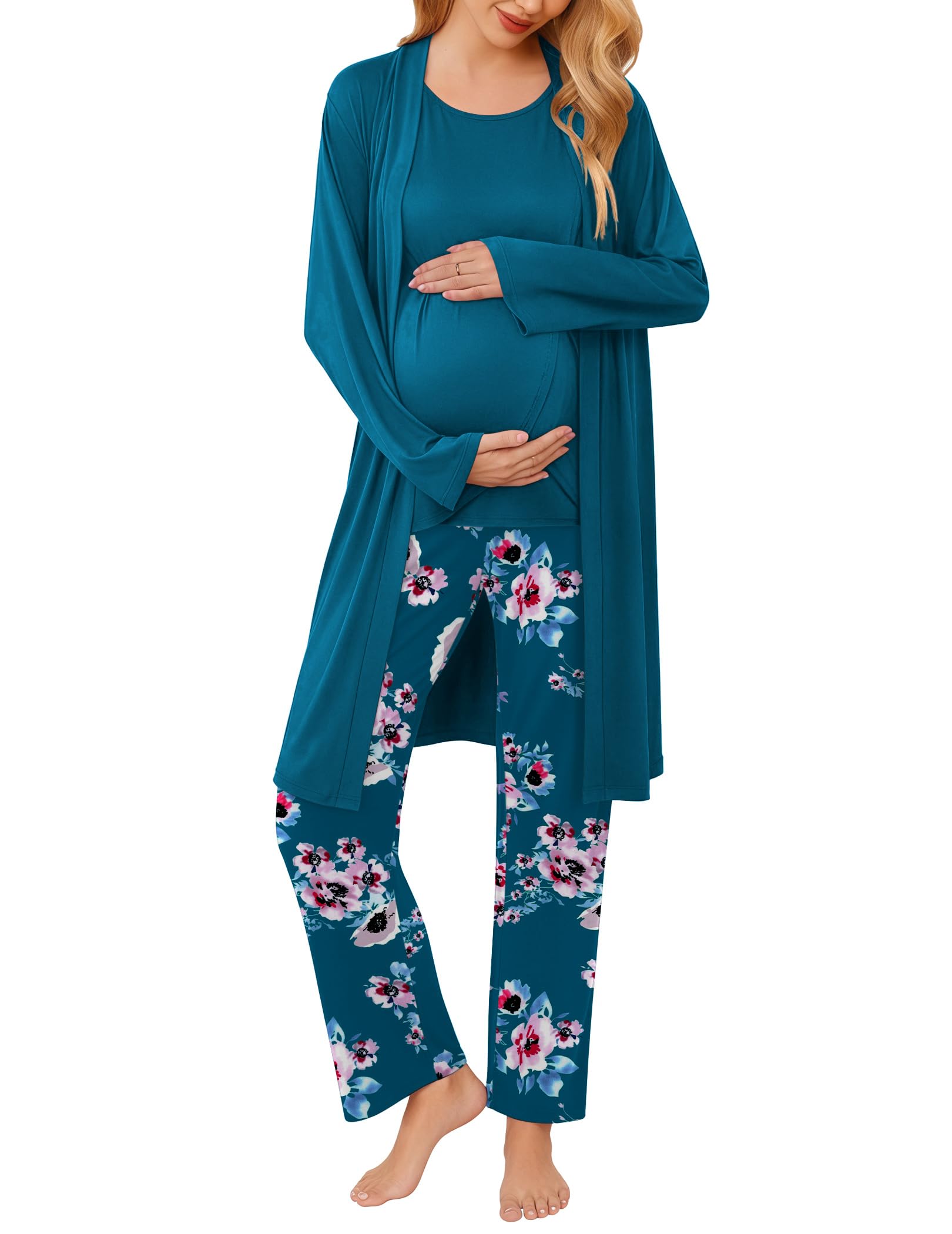 Ekouaer Maternity Nursing Robe Set 3 Pieces Sleeveless Top Pregnancy Pants Robe Double Layer Pajamas S-XXL