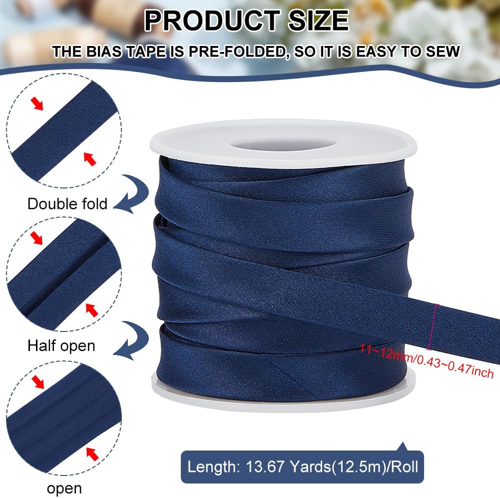BENECREAT 13.6 Yard Satin Bias Tape 12mm/0.47inch Double Fold Satin Binding Bias Ribbon for Cheongsam Decoration, Clothing Seaming Piping, Prussian Blue