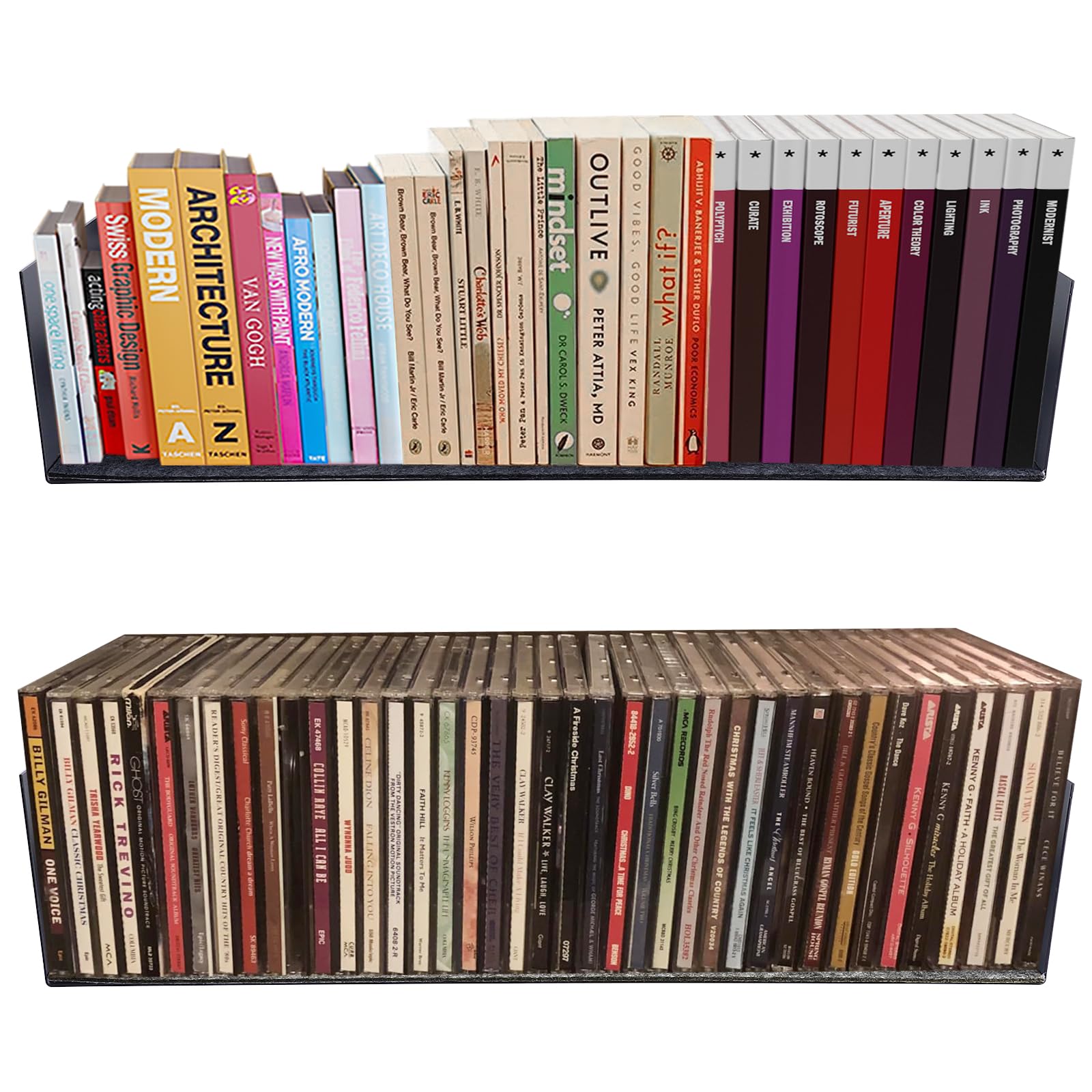 Patioer U Shape Floating Shelves Wall Mount Metal Bookshelf CD DVD Storage Display Shelves, Black Set of 2