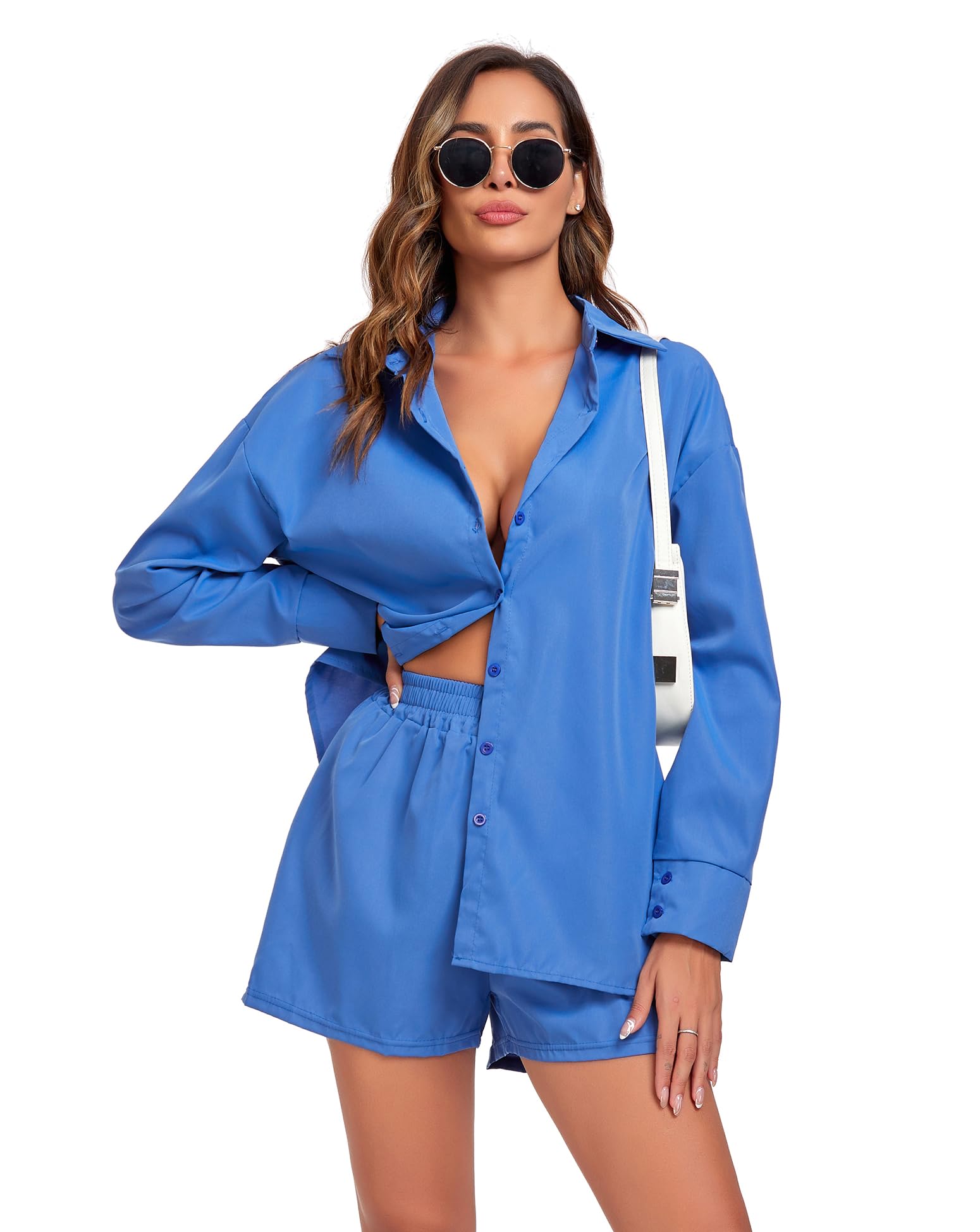 EVELIFE Conjunto deportivo casual de 2 piezas para mujer, camisa de manga larga, pantalones cortos de cintura alta, ropa de calle (azul real, M), Azul Real, M