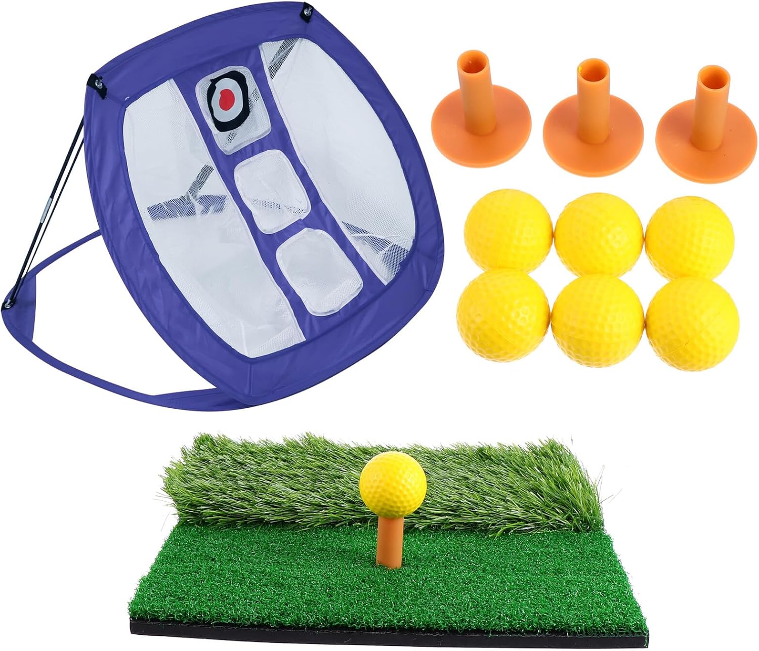 Golf Practice Net Training Aids Set with Blue Nylon Net, 30x30cm Mini Hitting Mat, 3 Elastic Tees, and 6 Yellow Pu Balls for Indoor and Outdoor Golf Chipping Practice
