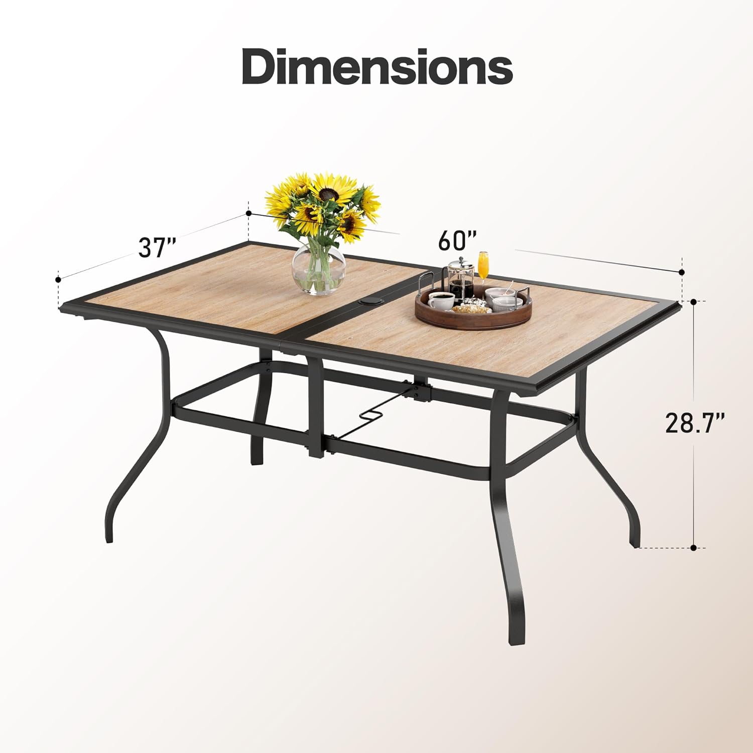 SUNSHINE VALLEY 60" Patio Dining Table for 6,Teak Color Rectangle Patio Table with Umbrella Hole,E-Coating and Powder Coating Steel Frame Metal Outdoor Patio Table for Garden Backyard Lawn Yard