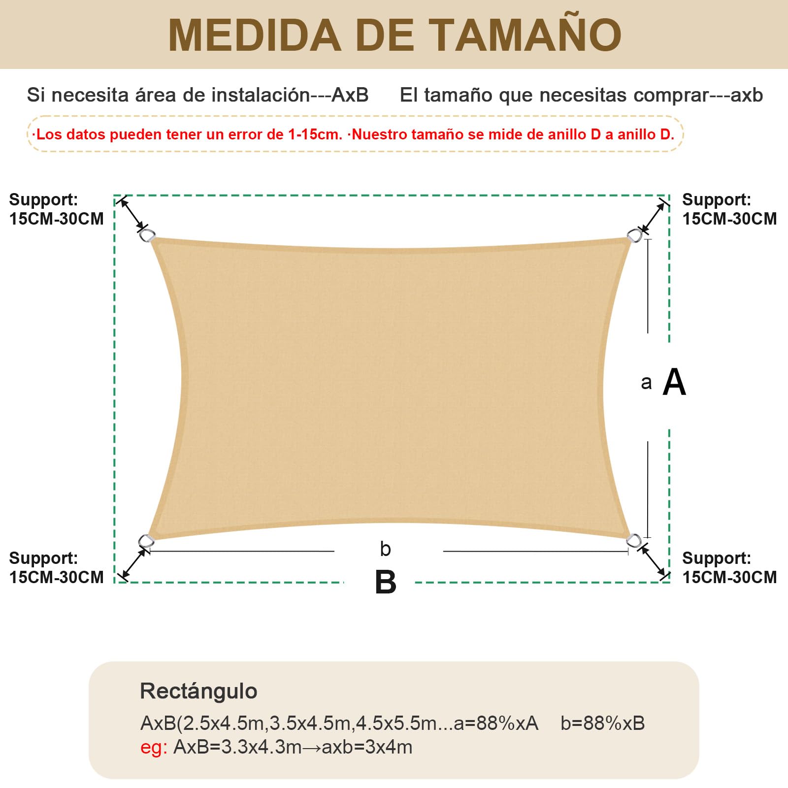 HENG FENG Toldo Vela de Sombra Rectangular 3x4m, PES 160 g/m² Impermeable, 95% Bloqueo UV, para Exterior en Terraza, Jardín, Patio - Incluye Cuerda de Fijación - Color Arena