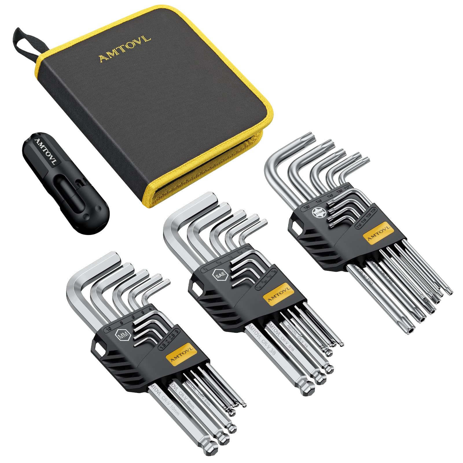 AMTOVL 27PCS Allen Key Set - Metric & SAE Allen Wrench Set, Extra Long Ball & Star End Hex Keys with T-Handle & Color Coding for Bicycle, Household DIY (Silver)