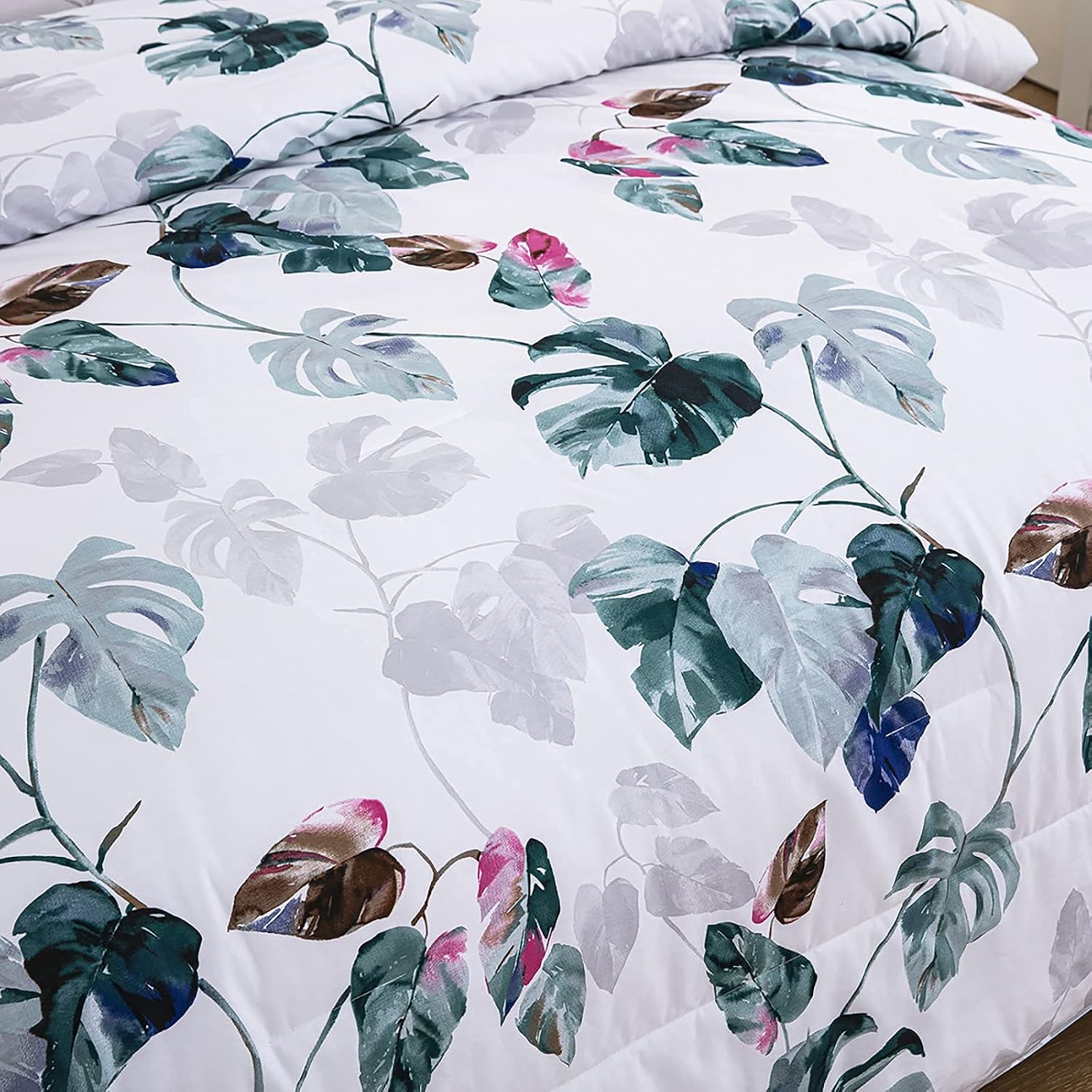 White Cotton Comforter Set Queen, Reversible Floral Leaves Pattern Printed Comforter with 2 Pillowcases for All Seasons,Soft Cotton Bedding Set Queen (90"×90")