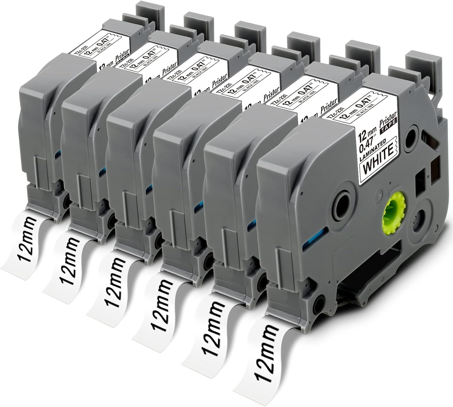 Compatible Label Tape for Brother TZe-231 Tape 12mm 0.47 Laminated White Tz231 Tz-231 TZe231 Tz Tape for Brother P-Touch 2040 D210 H100 D410 D400 D220, 6-Pack, by Pristar