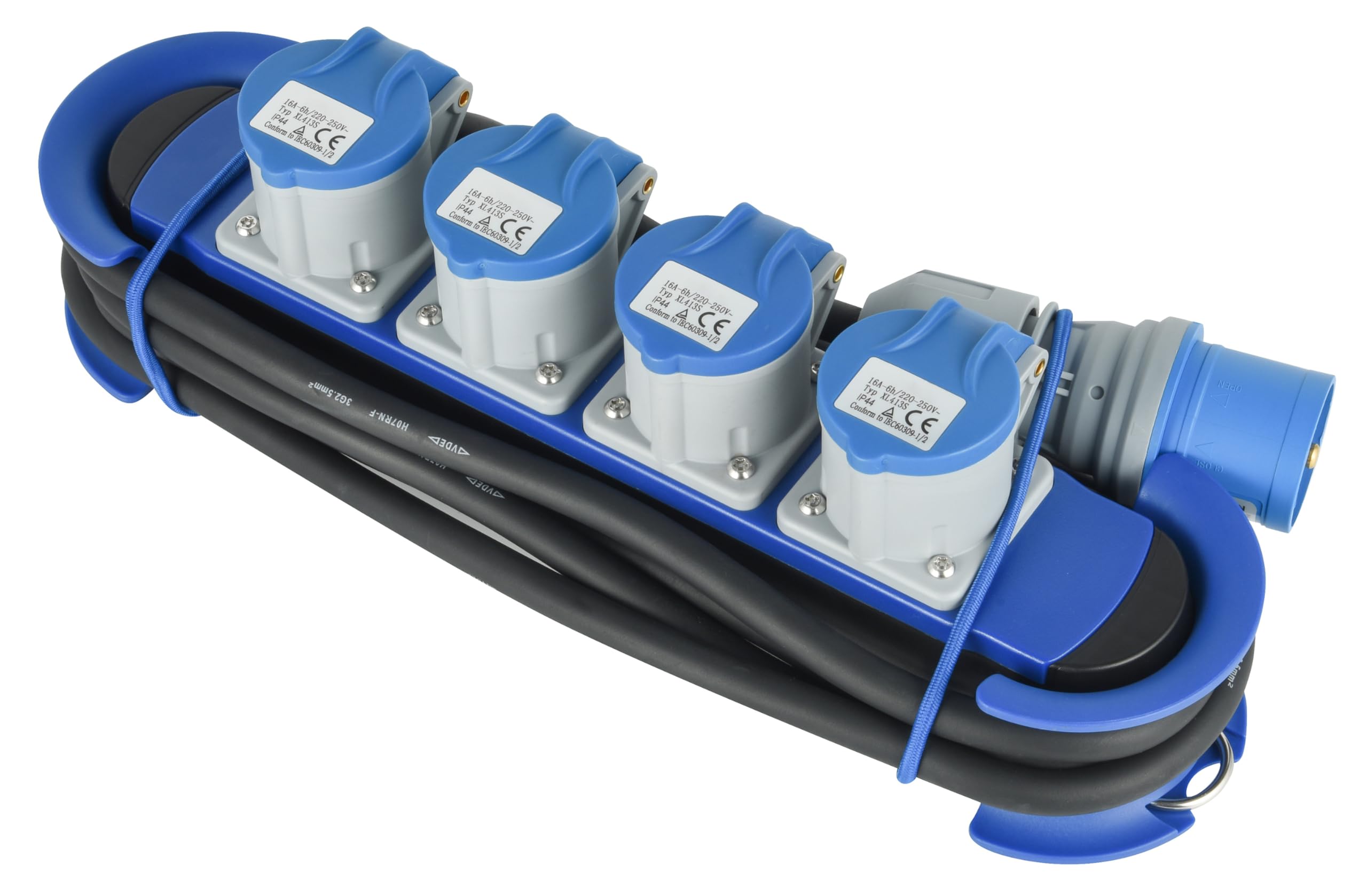 Electraline 62582 Professionelle Steckdosenleiste/Verlängerung für den Außenbereich IP44, CEE-Stecker,4-Fach (4 CEE Steckdosen 2P+E), 3 M Gummikabel H07RN-F 3G2.5, geeignet für Camping