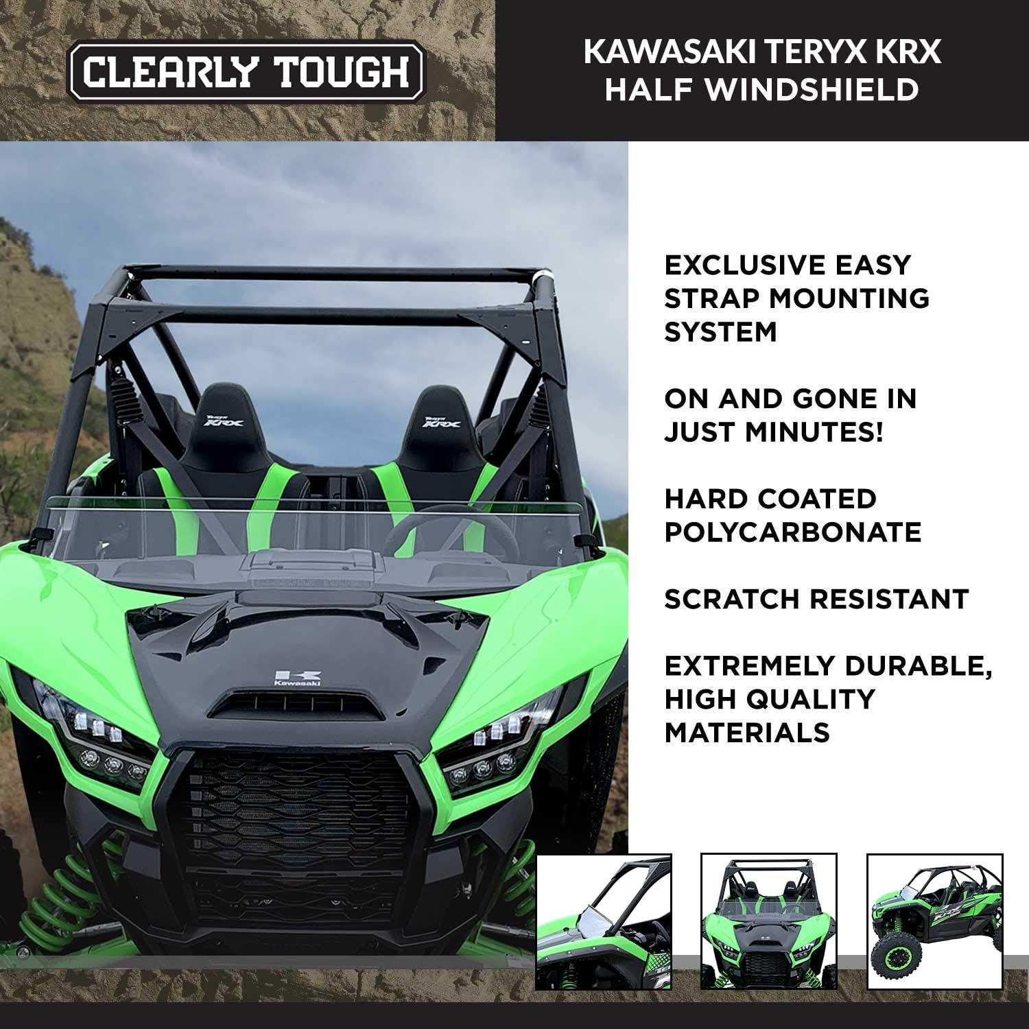 Kawasaki Teryx KRX Half Windshield | SCRATCH RESISTANT | Shorter Height - 9 1/2" Tall | On or off in seconds | Premium Lexan MR10 Polycarbonate w/ Hard Coat | Proudly Made in America!