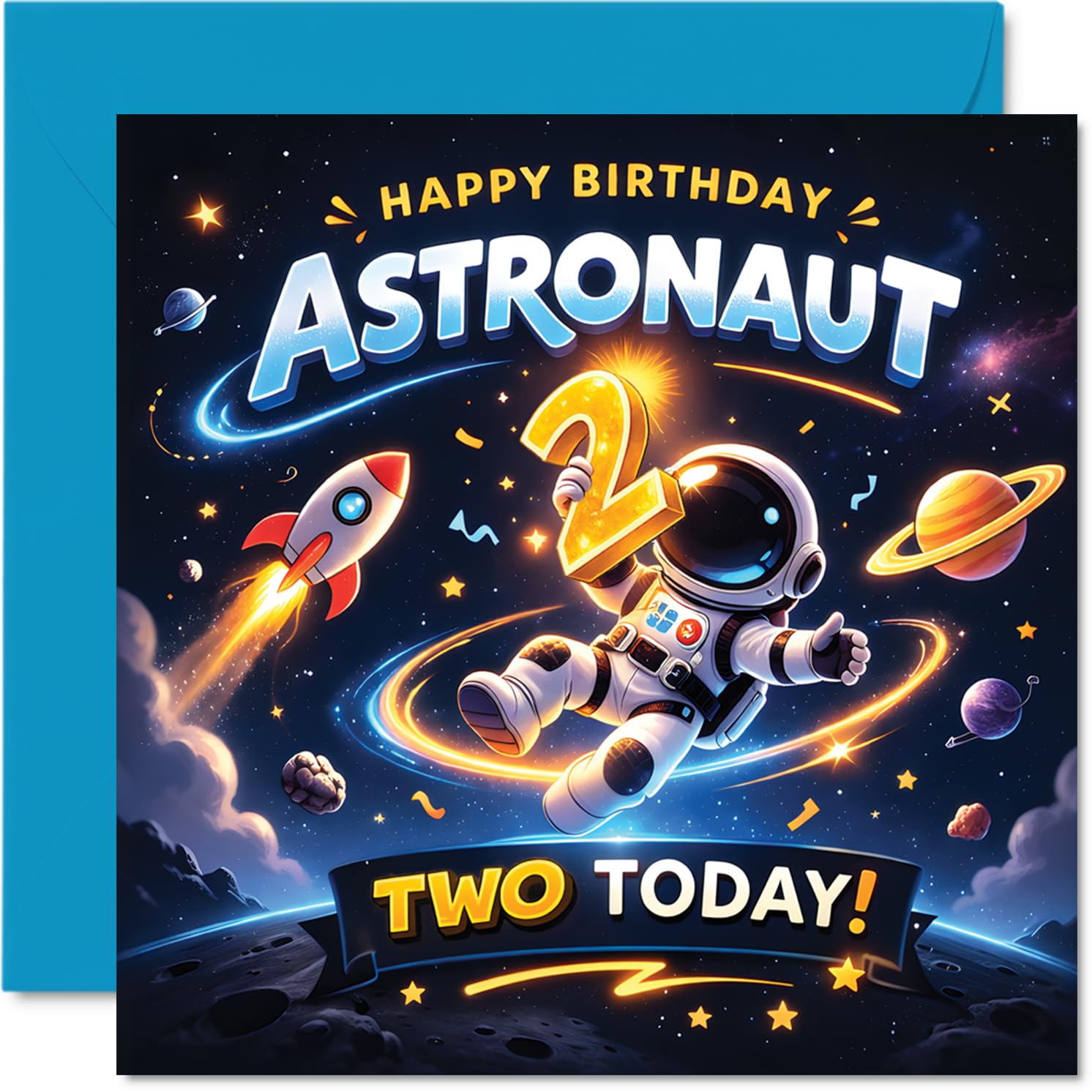 Playful 2nd Birthday Card, Blast off into Birthday Fun