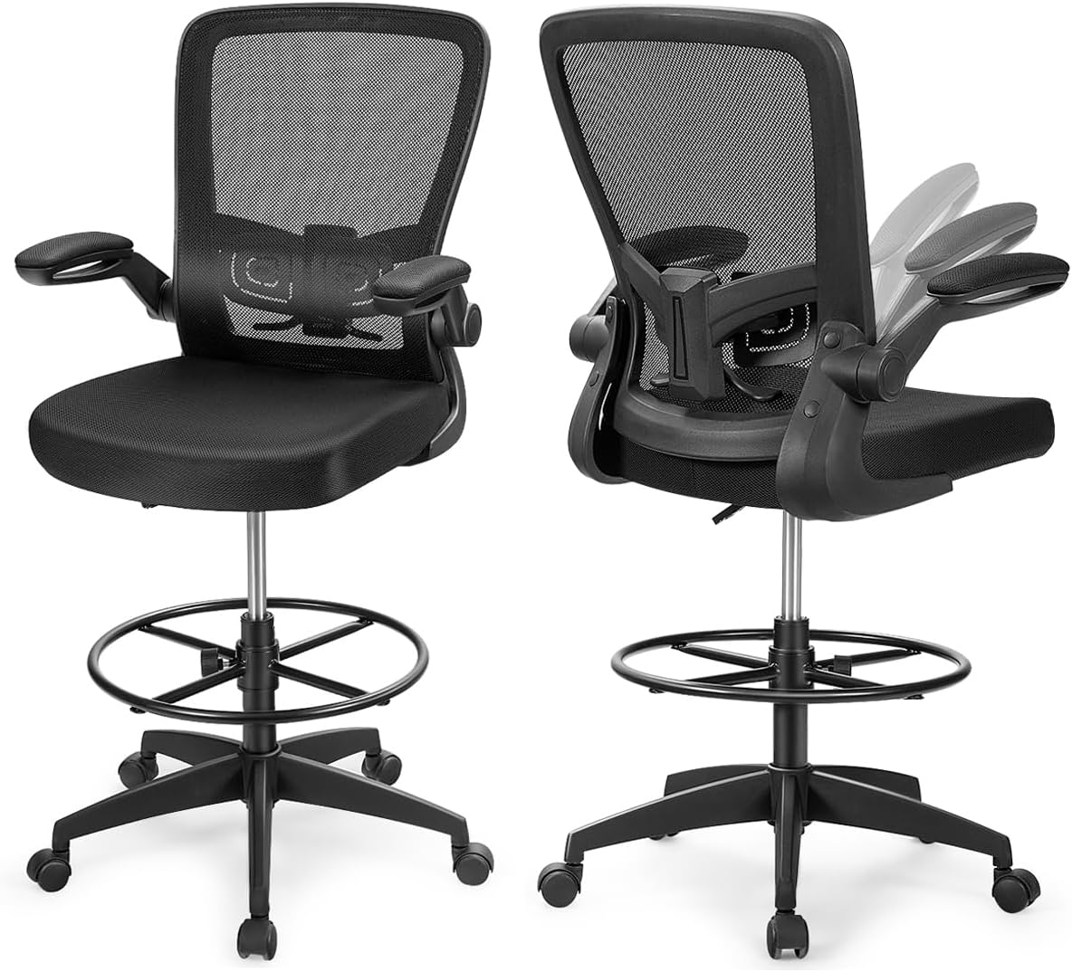Giantex Drafting Chair High Back Office Chairs with Footrest Ring Flip-Up Armrest Height Adjustable Executive Desk Chair Ergonomic Mesh Computer Task Chair Lumbar Support Tall Office Chair (2, Black)