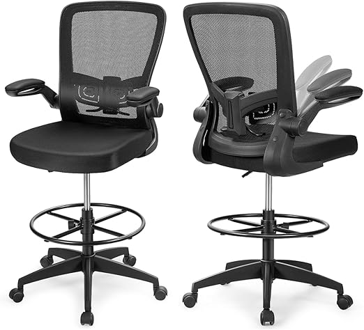 Giantex Drafting Chair High Back Office Chairs with Footrest Ring Flip-Up Armrest Height Adjustable Executive Desk Chair Ergonomic Mesh Computer Task Chair Lumbar Support Tall Office Chair (2)