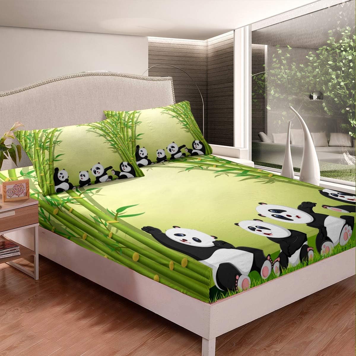 Feelyou Kids Panda Bed Sheets Cute Animal Pattern Bed Sheet Set for Child Boys Girls Cartoon Panda Bear Family Bedding Set Green Botancial Tree Decor Fitted Sheet Room Decor 3Pcs Full Size M