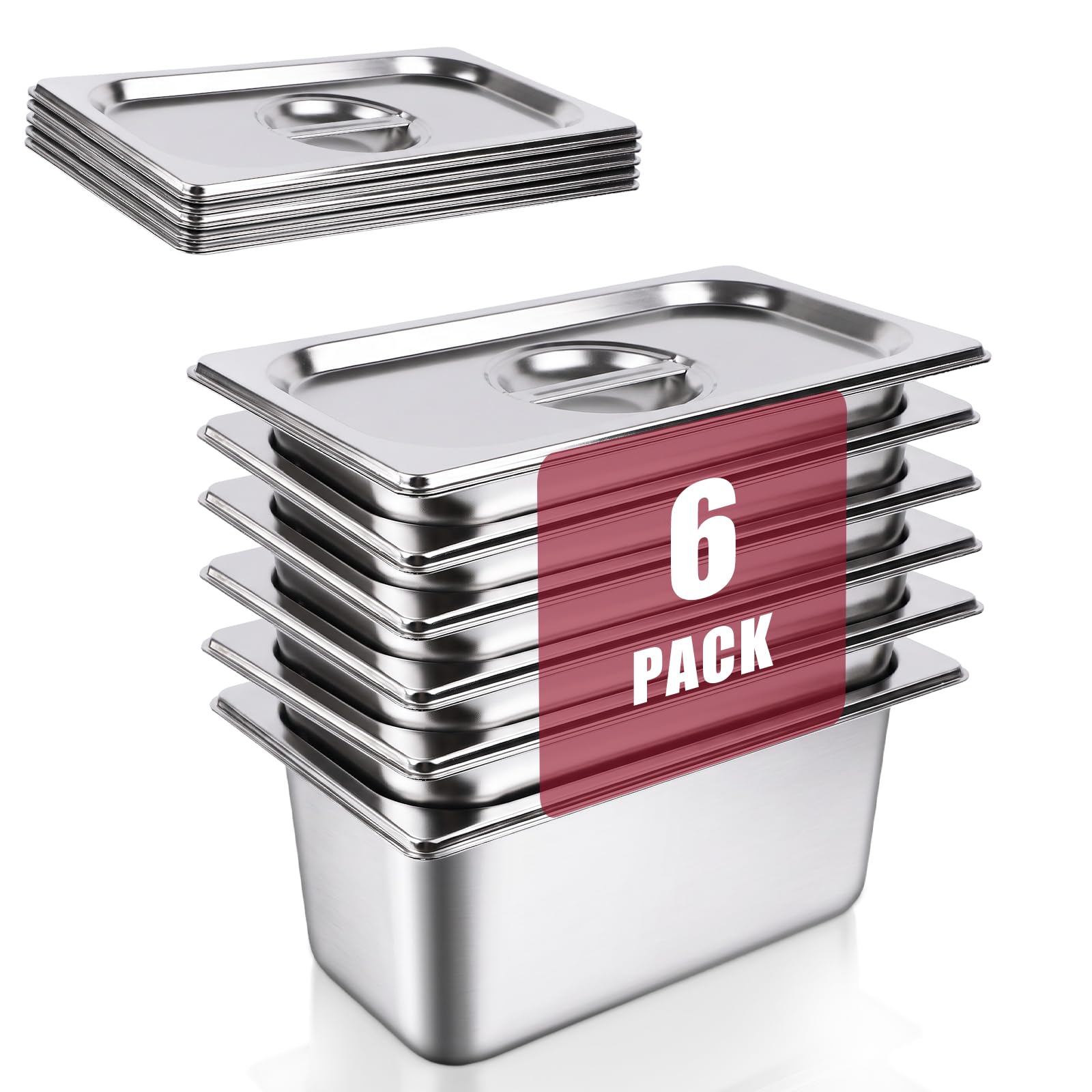 GN 1/3 - Contenitori per gastronorm in acciaio inox con coperchio, 6 pezzi, 32,5 x 17,5 x 15 cm, contenitori per alimenti, per alimenti, torte, padelle per hotel, tavolo