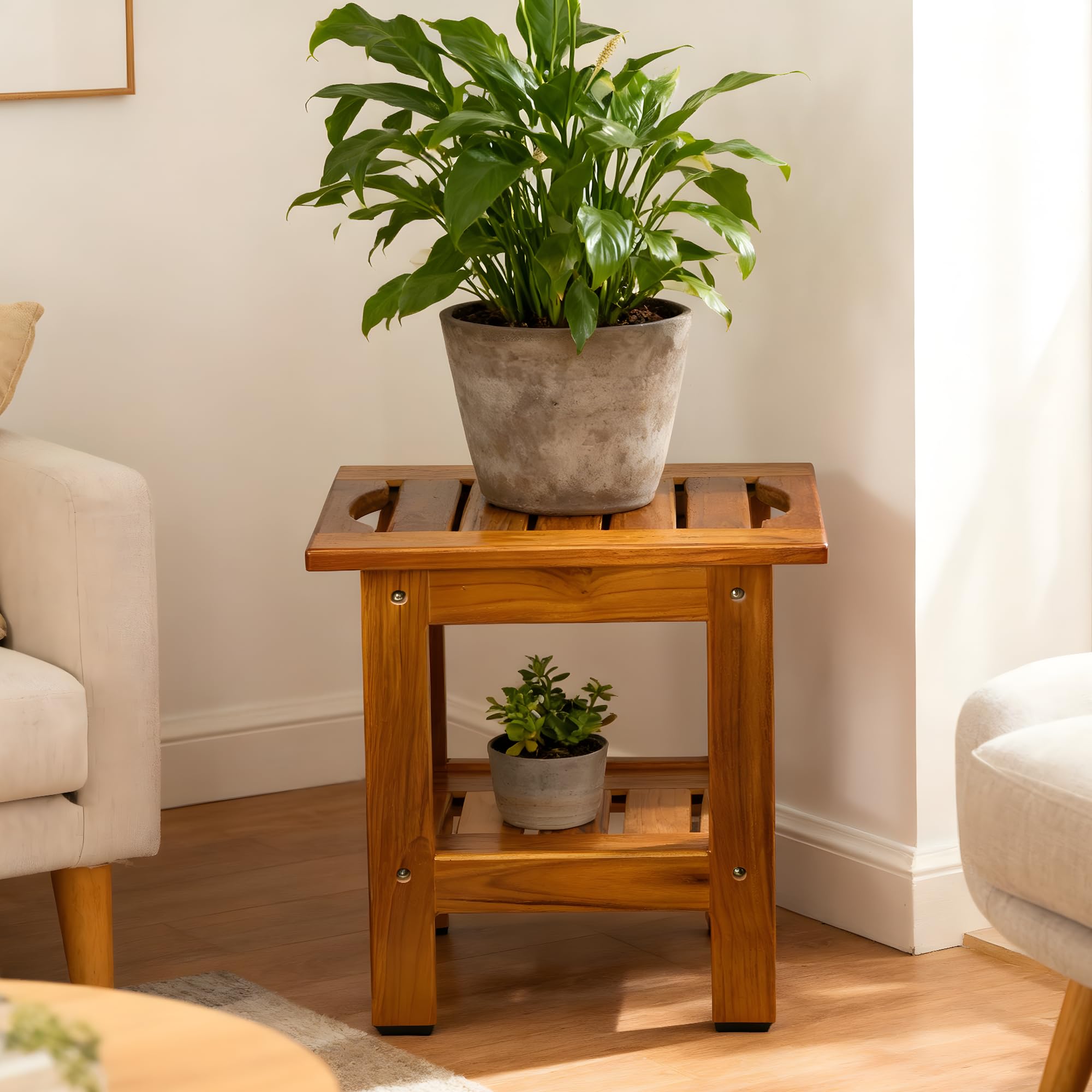 VaeFae Piccolo Sgabello Bagno in Teak per Doccia, Leggero Panca Bagno in Legno, Dotato di Ripiano Portaoggetti e Piedini Antiscivolo, Portatile per Bagno, Soggiorno, Camere da Letto, Balcone
