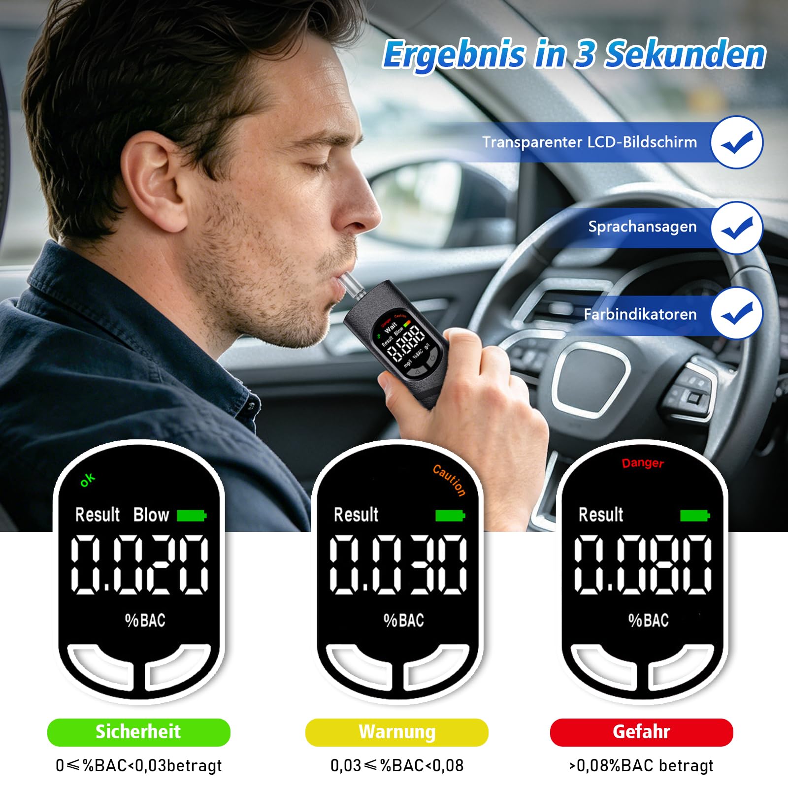 Éthylotest Numérique Portatif avec Écran LCD Couleur – Alcooltest Rechargeable USB-C pour Maison, Fêtes, BBQ, Voyages – 20 Embouts Jetables Hygiéniques Inclus