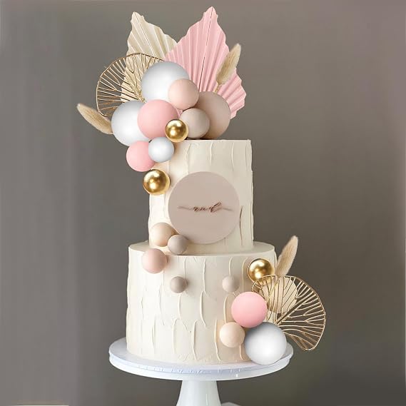 Boho Cake Topper Golden Ginkgo Leaves Cake Decorations with Paper fans White Gold Balls for Wedding Woman Birthday (Pink)