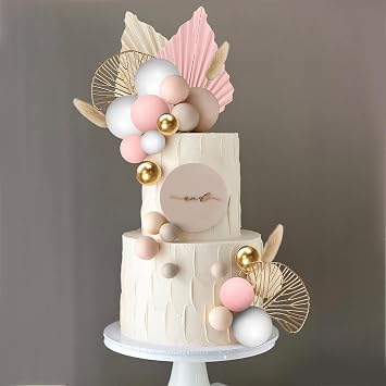 Boho Cake Topper Golden Ginkgo Leaves Cake Decorations with Paper fans White Gold Balls for Wedding Woman Birthday (Pink)