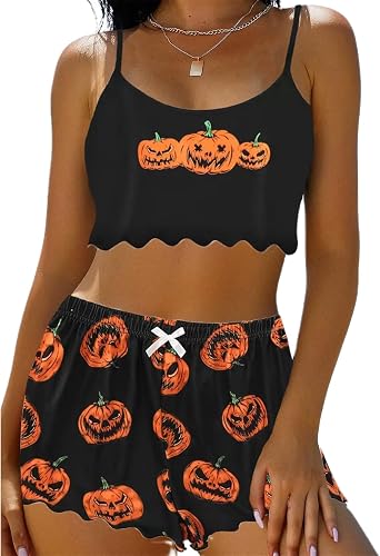 Miqil Women Halloween Sexy 2 Piece Pajama Set Orange Printed Spaghetti Strap Cropped Camisole Shorts Set Sleepwear Loungewear